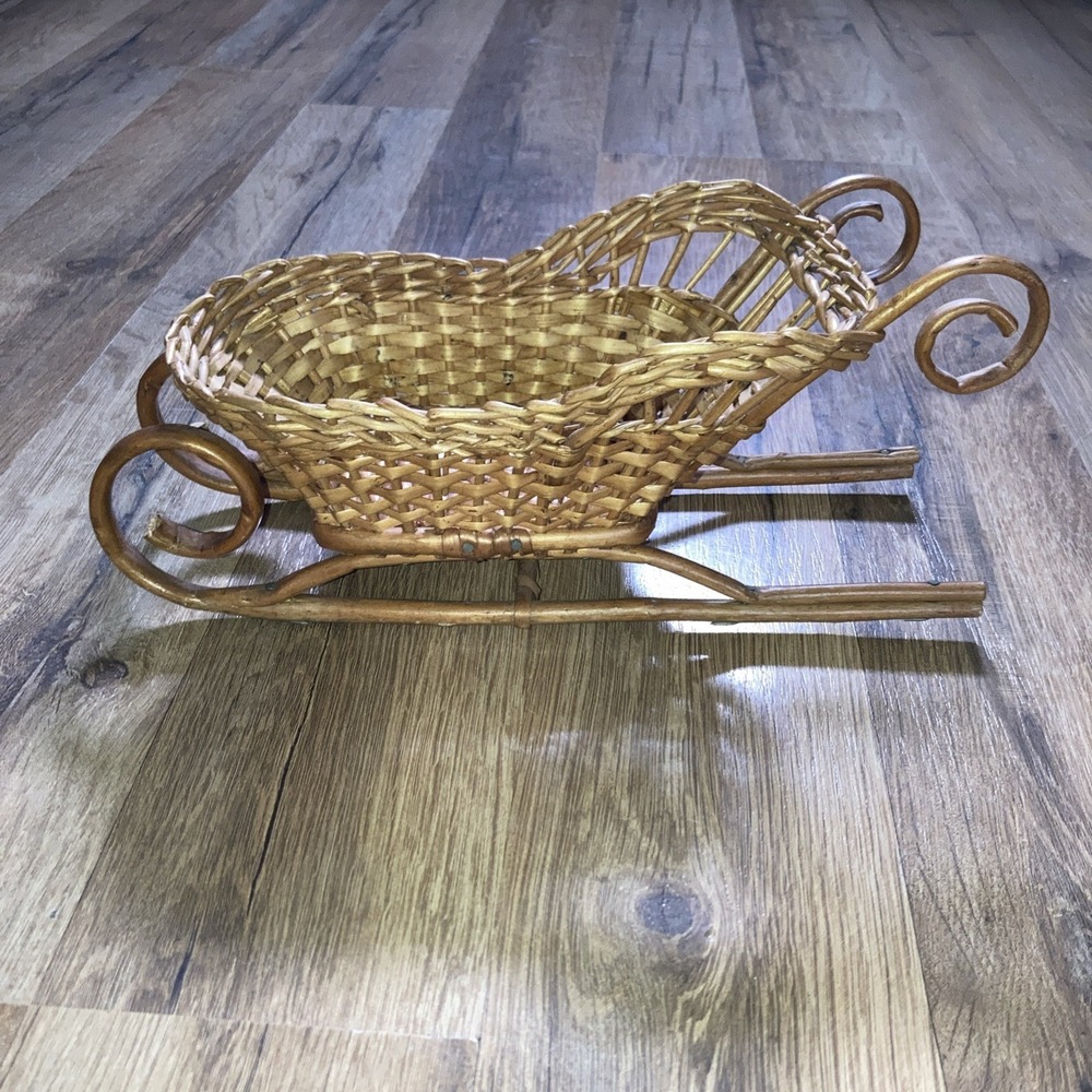 Vintage Wicker Sleigh‎ SledTabletop Decor  Christmas Basket 10"x4" Retro Rustic